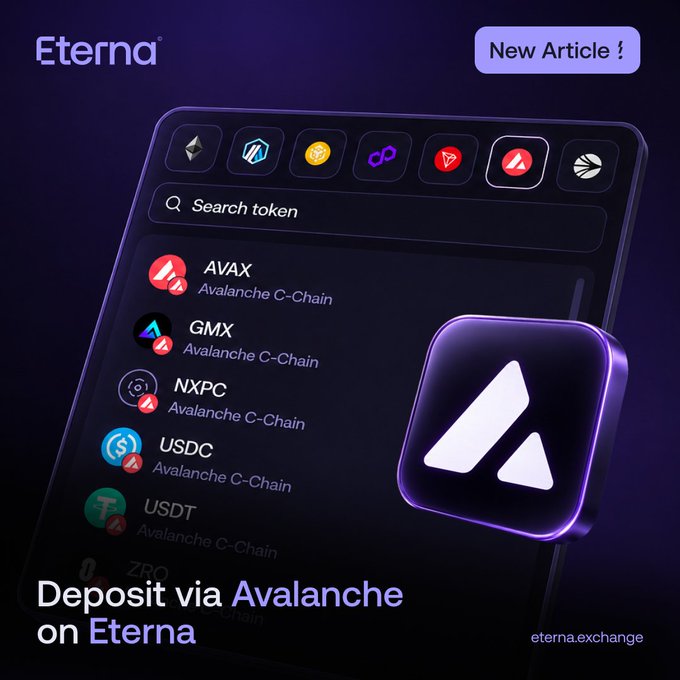 A dark purple Eterna promotional graphic announces “Deposit via Avalanche on Eterna,” with a “New Article” button, an “AVAX” token list, and a large glowing Avalanche logo beside the text. It promotes that Avalanche deposits are now live on Eterna for funding accounts and making trades.