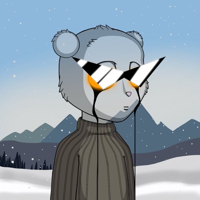 An anthropomorphic panda wearing angular sunglasses and a dark turtleneck stands in a snowy mountain landscape with glowing orange eyes, matching the "cool" promotional aesthetic of the upcoming Glo NFT mint announcement. The wintery, mysterious vibe complements the limited-time urgency of the wallet check reminder before the 4-hour mint window.