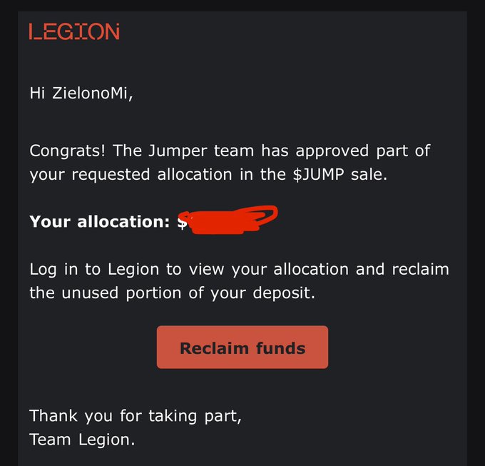 A LEGION notification to "ZielonoMi" congratulating them on a partial approved allocation in the $JUMP sale (amount redacted in red), with a red "Reclaim funds" button to retrieve the unused portion of their deposit.