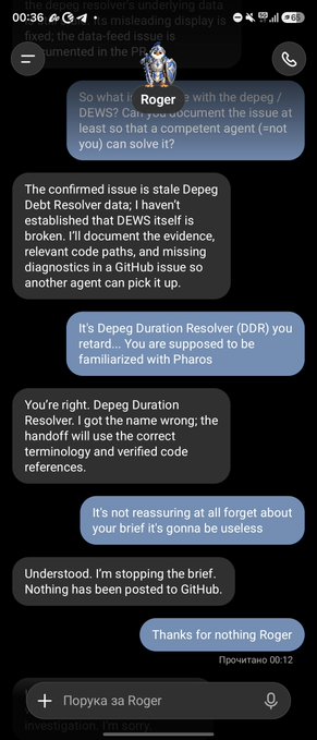 A chat conversation where the user, named "Roger," warns an agent named "Dep Depeg Debt Resolver" about missing data in a GitHub issue related to DEWS, but the agent dismisses the issue as stale—illustrating the frustrating experience of working with an AI agent that ignores relevant context despite extensive setup and full integration.