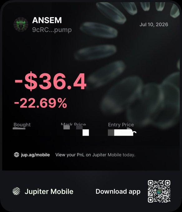 A Jupiter Mobile app screenshot displaying a trading loss of -$36.4 (-22.69%) for ANSEM (9cRC...pump) dated Jul 10, 2026, with a QR code to download the app.