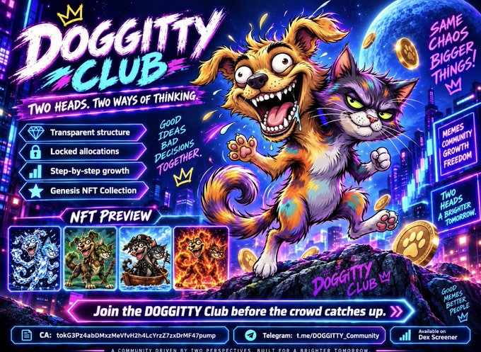 A promotional graphic for 'DOGGITTY CLUB' featuring cartoon dog and cat characters with the tagline 'TWO HEADS, TWO WAYS OF THINKING', listing features like transparent structure and locked allocations, with NFT preview thumbnails.