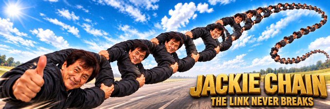 A parody movie poster titled 'JACKIE CHAIN: THE LINK NEVER BREAKS' featuring multiple copies of Jackie Chan forming a long looping chain in the sky.