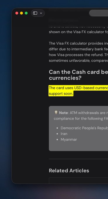 A highlighted FAQ snippet stating "The card uses USD-based currency... support soon," indicating that native EUR support is not yet available on EtherFi Cash, aligning with the post noting EURC works but native EUR is still forthcoming.