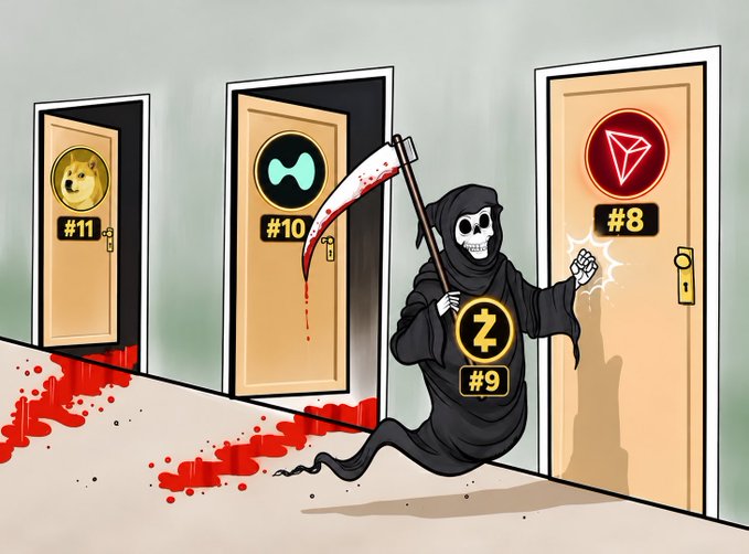 A cartoon illustration of a Grim Reaper labeled "Z #9" holding a bloody scythe, standing before doors marked with cryptocurrency logos (Dogecoin #11, Aptos #10, Tron #8) with blood pooling on the floor, symbolizing the death of crypto projects.