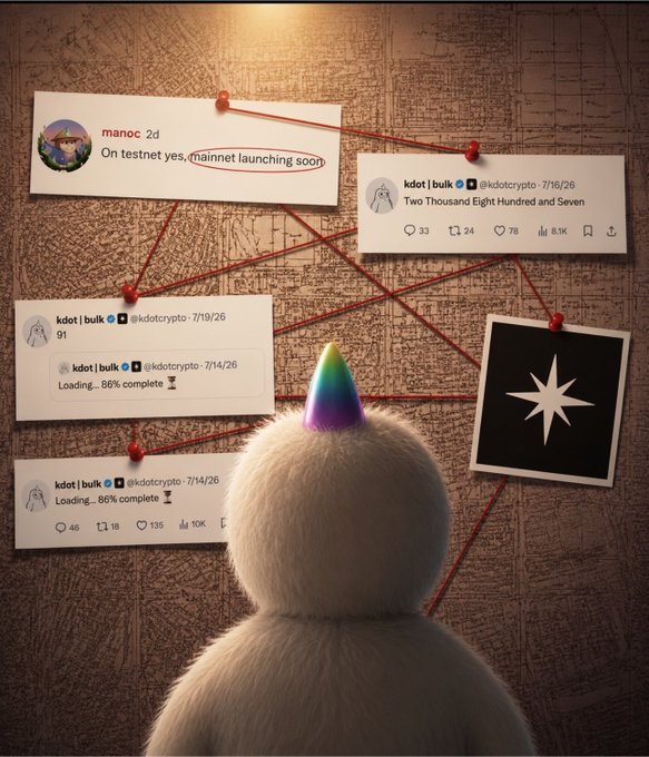 A detective board graphic with red string connecting pinned social media posts and images, viewed from behind a fluffy white character wearing a rainbow party hat. The posts reference 'manoc', 'mainnet launching soon', and multiple 'kdot | bulk' tweets from '@kdotcrypto' with 'Loading... 86% complete' messages.