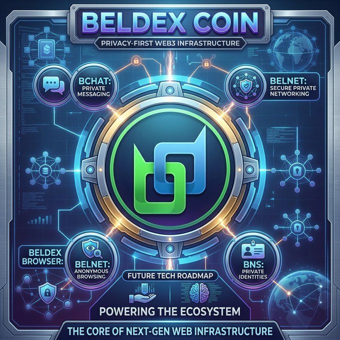 A futuristic digital infographic for 'BELDEX COIN' describing it as 'PRIVACY-FIRST WEB3 INFRASTRUCTURE,' featuring icons for BChat, BelNet, Beldex Browser, BelDEx, and BNS.
