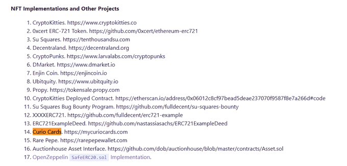 A document lists NFT implementations and other projects, highlighting "14. Curio Cards https://mycuriocards.com" in yellow among entries like CryptoKitties, OpenSea ERC-721, Su Squares, Decentraland, and CryptoPunks.
