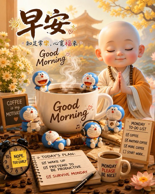 A cheerful image features a cartoon monk in prayer pose alongside a steaming "Good Morning" coffee mug surrounded by playful Doraemon figures, a "Monday to-do list," a notebook titled "Today's Plan: Wake up, Pretend to be Productive, Survive Monday," and signs reading "Coffee is my motivation," "Nope too early," and "Monday please be nice."

The image humorously captures the relatable Monday morning struggle, perfectly complementing the post's warm wish for a lucky start to the week.