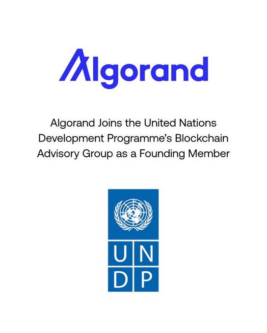 The image features a logo for Algorand, which is a cryptocurrency, along with logos of other organizations such as the United Nations Development Programme (UNDP) and the Ethereum Foundation. The text on the image reads "BREAKING @Algorand has joined the united nations development programme's blockchain advisory group as a founding member alongside the ethereum foundation and the cardano foundation". This suggests that Algorand is collaborating with these organizations to develop innovative solutions for global challenges using blockchain technology, specifically in the context of the United Nations Development Programme.