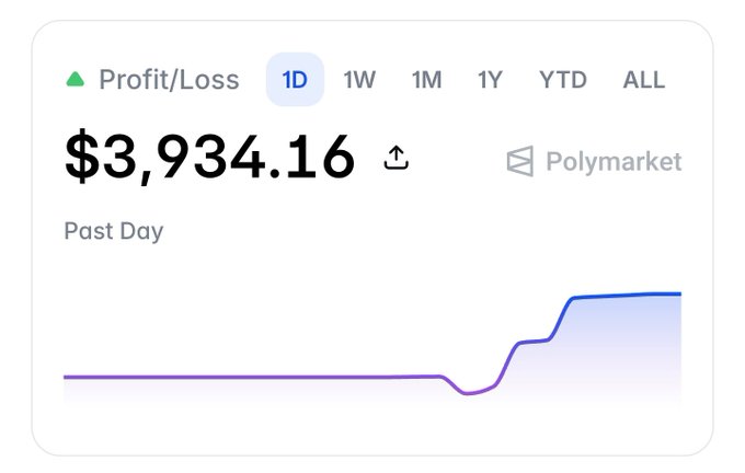 The image shows a screenshot of a social media post with a graph that displays the past day's profits at Polymarket, which is an online marketplace for stock trading. The graph has a purple line indicating the profits made by Polymarket over time. The caption on the post reads "My PNL on @Polymarket today. I decided not to take a break." This message seems to be related to the profits made in the past day at Polymarket, as indicated by the graph.