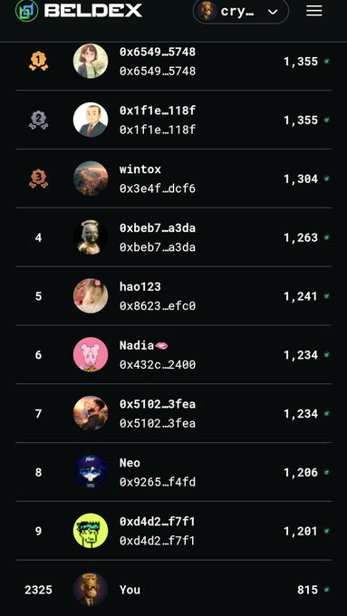 A screenshot of the BELDEX cryptocurrency leaderboard showing a ranking of users with their usernames, wallet addresses, and point totals, with the top user earning 1,355 points and the viewer's account ('You') ranked 2325th.