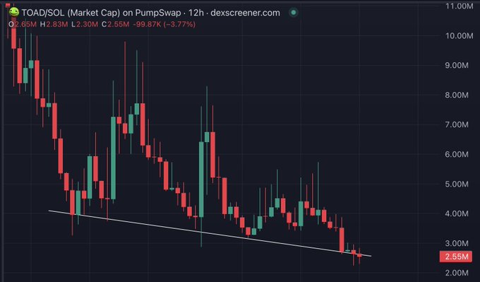A candlestick chart of $TOAD/SOL on PumpSwap shows the token's market cap plummeting from 10M to 2.55M (-99.87%), with a white descending trendline underscoring the heavy downtrend and visually reinforcing the post's lament about being a TOAD holder while others have sold or gone silent.