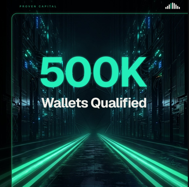 A futuristic green-lit corridor graphic with text 'PROVEN CAPITAL' at the top and large text reading '500K Wallets Qualified' in the middle.