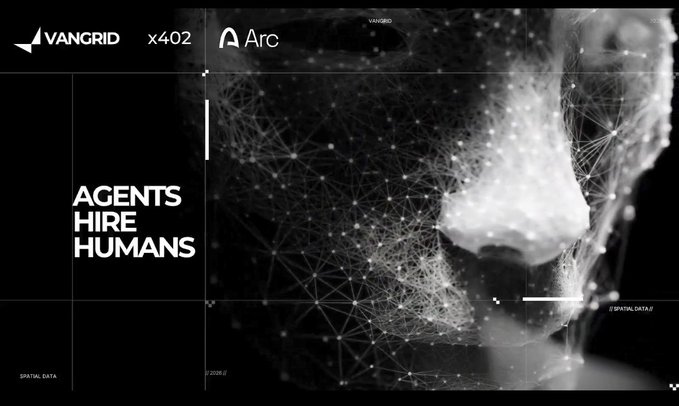 black and white stylized graphic with text 'VANGRID x402 Arc', 'AGENTS HIRE HUMANS', and '// SPATIAL DATA //', featuring a face overlaid with digital network/connection patterns