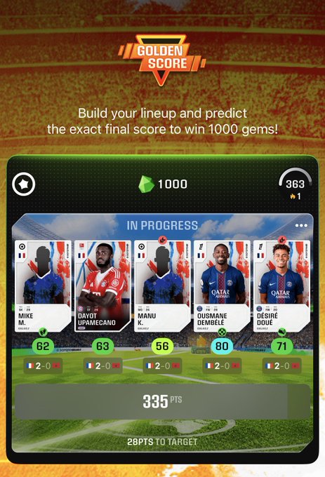 The image shows a "Golden Score" fantasy football prediction game interface with a lineup featuring French players (Mike M., Dayot Upamecano, Manu M., Ousmane Dembélé, and Désiré Doué) earning 335 points, sitting 28 points short of their target to win 1000 gems. The caption directly references the user's near-miss status, highlighting the urgency of needing just 28 more points to claim the gem reward.