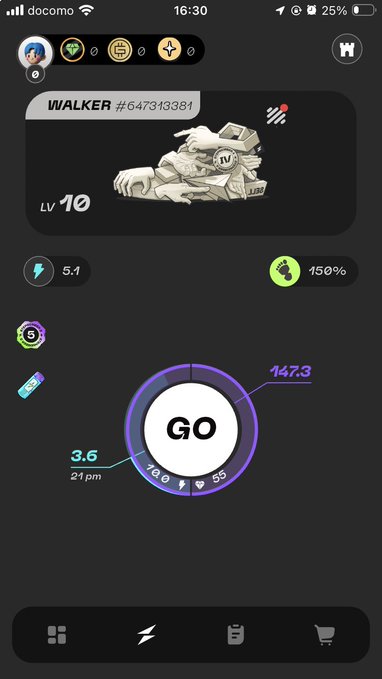 A mobile game screen displays a character named 'WALKER #647343381' at Level 10, showing stats like 147.3 stamina and a 'GO' button.