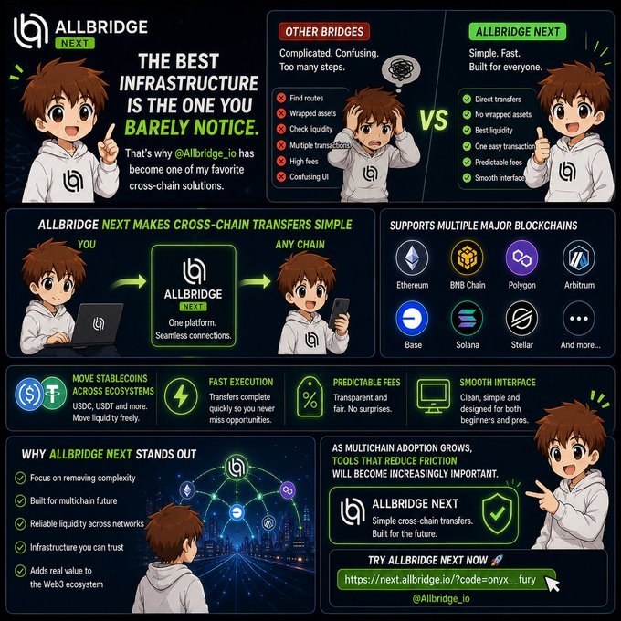 A promotional infographic for 'ALLBRIDGE NEXT' compares it to 'OTHER BRIDGES,' highlighting features like 'Simple. Fast. Built for everyone,' supporting blockchains such as Ethereum, BNB Chain, Polygon, Arbitrum, Base, Solana, and Stellar, with a link 'https://next.allbridge.io/?code=onyx__fury' and the handle '@Allbridge_io'.