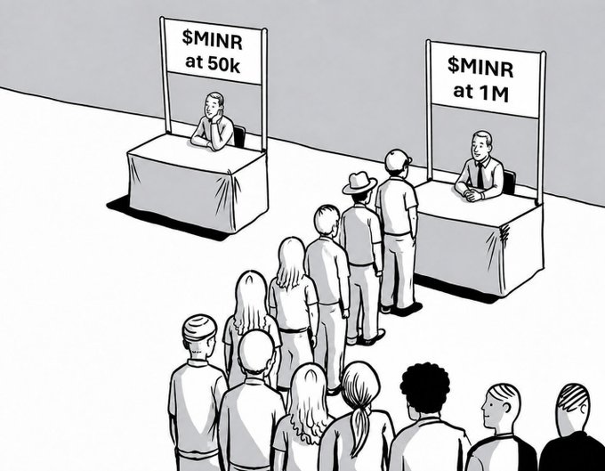 A black-and-white illustration depicting a long line of people waiting at a booth labeled '$MINR at 1M' while an adjacent empty booth displays '$MINR at 50k'.