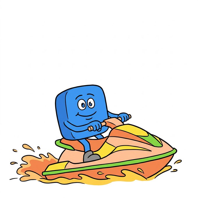 A cheerful cartoon illustration depicts a blue cube-shaped character with a smiling face happily riding in an orange and yellow speedboat, splashing through water.