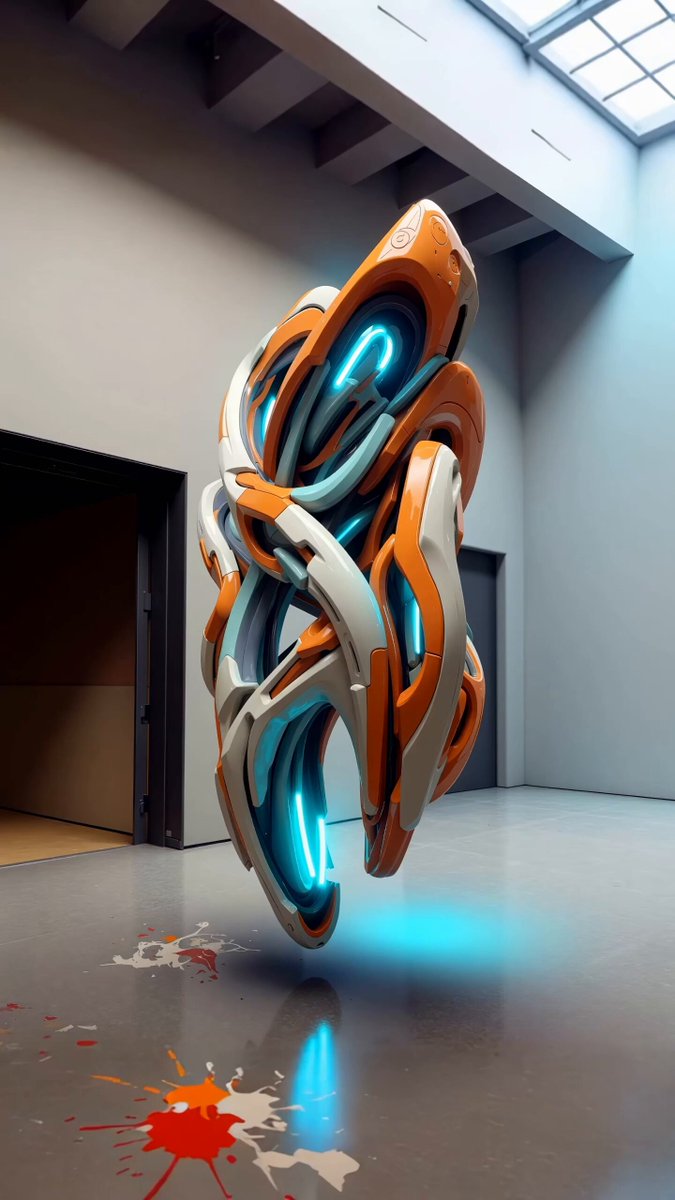 The image features a large sculpture made up of various shapes and colors, including orange and white elements that appear to be connected by cords or wires. The sculpture is situated indoors, possibly within an art gallery or exhibition space. The caption on the image reads "Focus on what is in the image and how it relates to the post". This suggests that the viewer should pay attention to the details of the sculpture and its surroundings to better understand the context and meaning behind the artwork.