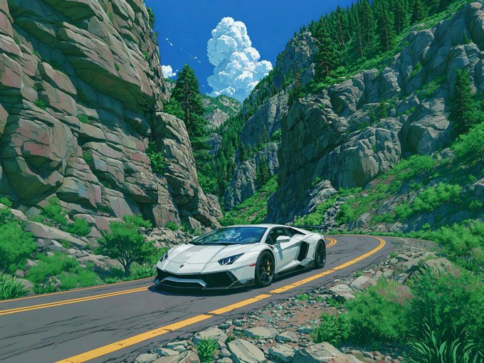 A sleek white Lamborghini cruises along a winding mountain road, mirroring the post's celebration of Canopy Network's streamlined appchain infrastructure. The scenic canyon setting evokes the rugged, uncharted territory of pre-mainnet innovation, where 793K+ virtual chains have been forged without the usual infrastructure headaches.