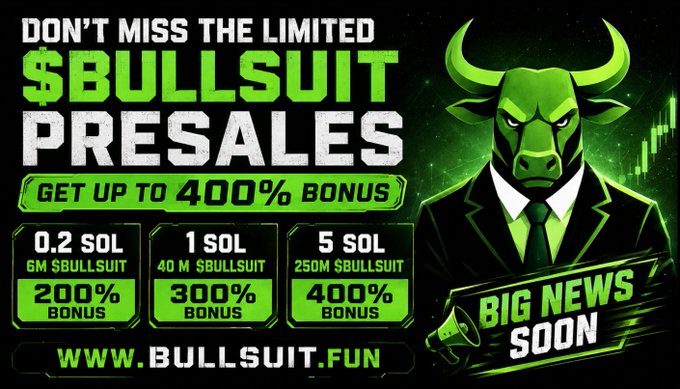 A promotional banner for the $BULLSUIT presale features a green-suited bull mascot against a candlestick chart backdrop, advertising bonus tiers of 200% (0.2 SOL for 6M tokens), 300% (1 SOL for 40M tokens), and 400% (5 SOL for 250M tokens), up to 400% total, directing viewers to bullsuit.fun with a "Big News Soon" announcement.