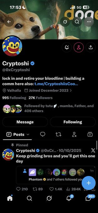 X (Twitter) profile of 'Cryptoshi' (@0xCryptoshi) with a blue checkmark, showing 27K followers, a bio mentioning 'building a comm here', with a pinned post from 10/10/2025 stating 'Keep grinding bros and you'll get this one day'.