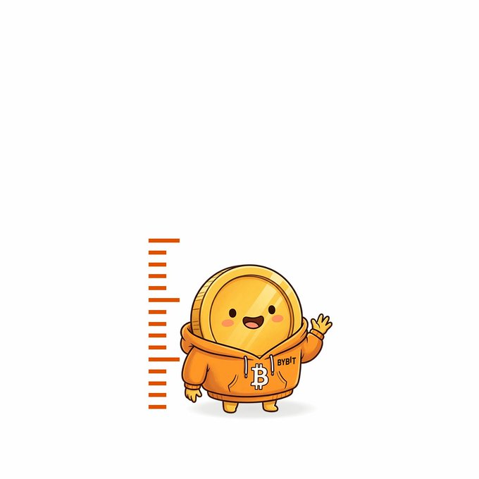 A cheerful Bitcoin mascot wearing an orange "BYBIT" hoodie stands next to a small vertical measuring scale, visually referencing the "short" trading term in the caption as the character's diminutive height next to the ruler.