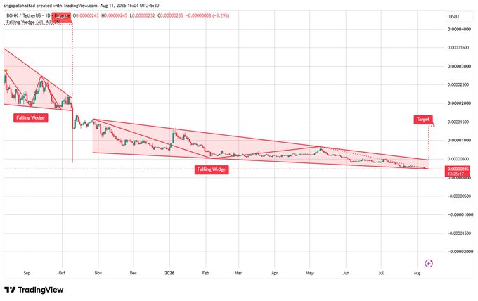 A TradingView chart of BONK/USDT on a 1-day timeframe showing two falling wedge patterns with a target marked near $0.000025, indicating a potential upward breakout.