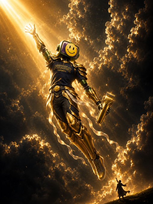 A dramatic digital artwork of a golden-armored figure with a TV-head displaying a smiley face, ascending through fiery clouds toward a beam of light, while a small silhouetted figure watches from below.