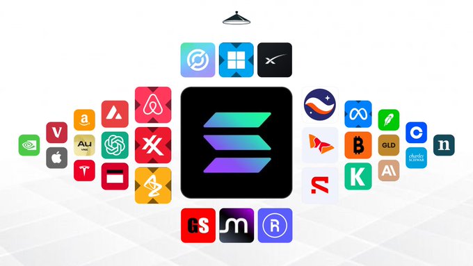 A collage featuring a central Solana logo surrounded by various popular app and crypto brand icons, including OpenAI, Binance, and MetaMask.