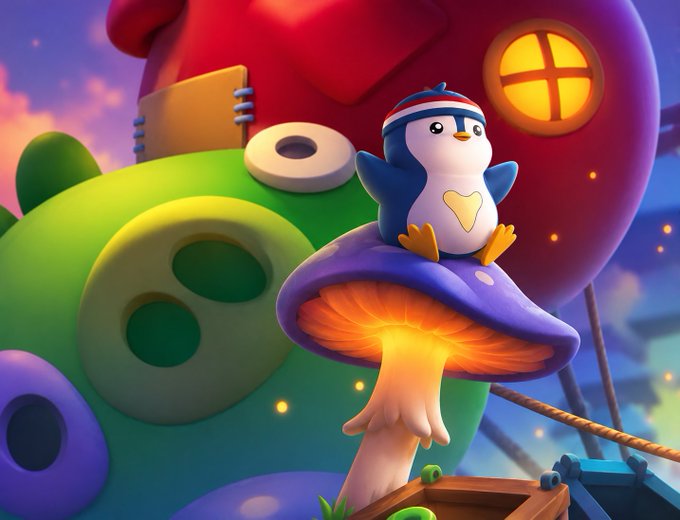 urn with a green lid and a red door, accompanied by a blue bird on a mushroom, set against a purple sky backdrop.