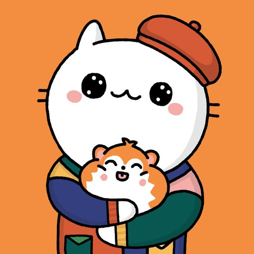 A cute cartoon illustration of a round white cat wearing a beret and a colorful coat, hugging a smiling hamster against an orange background.