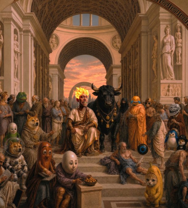 A surreal Renaissance-style painting parody featuring internet meme characters (Doge, Pepe, Trollface, Shiba Inu in a space suit, No-Face from Spirited Away, etc.) and figures in classical Roman/Greek attire gathered in an ornate hall with a flaming skull-headed figure and a black bull with gold chains.