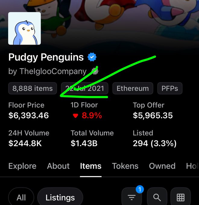 An NFT collection page for 'Pudgy Penguins' by TheIglooCompany with a green arrow pointing to the '23 Jul 2021' launch date, showing a $6,393.46 floor price and 8,888 items.