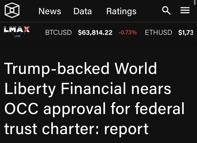 The image displays a screenshot of an article discussing the Trump administration's decision to proceed with approving an OCC charter for a new type of cryptocurrency called "LFI", which stands for "Liberty Financial International." The text indicates that the approval could be in progress and suggests that it might be near completion.