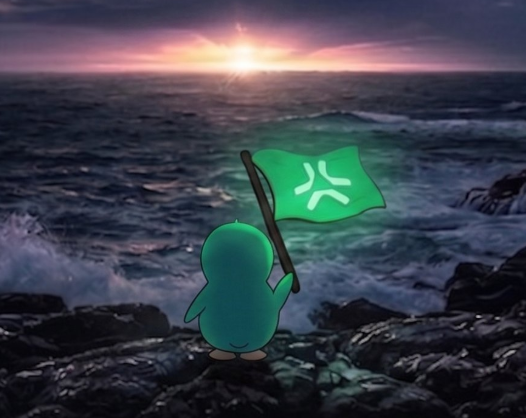 A small green cartoon character planting a green flag on a rocky shore with ocean waves and a sunset in the background.