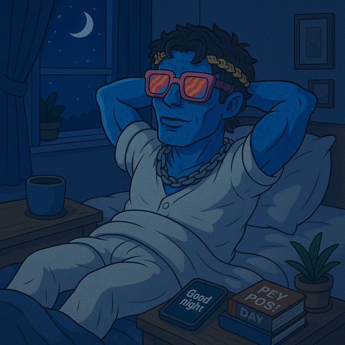A blue-skinned man wearing sunglasses and a chain necklace relaxes in bed at night with his hands behind his head, accompanied by books reading "Good night," "PEY POS!" and "DOS." The cozy nighttime scene reflects the "GN web3" (good night) message with its drowsy, end-of-day vibe.