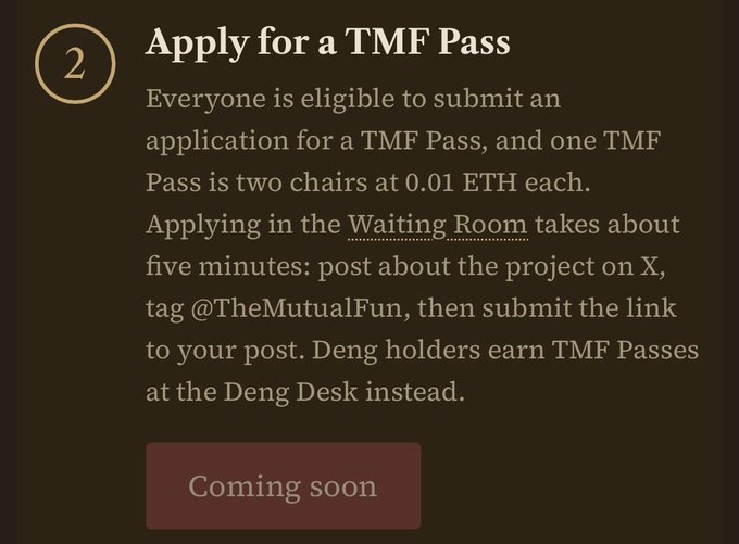 A "Coming soon" notice for applying for a TMF (The Mutual Fun) Pass, which costs 0.01 ETH per chair (two chairs per pass) and requires posting about the project on X while tagging @TheMutualFun. The post highlights anticipation for Kingpickle's TMF application opening, emphasizing the opportunity to apply, get selected, and engage with the community.