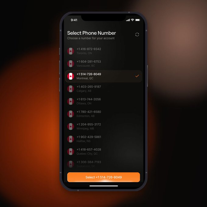 A smartphone mockup displaying a 'Select Phone Number' interface with a list of Canadian numbers across various cities, with '+1 514-726-8049 Montreal, QC' selected and highlighted in orange.