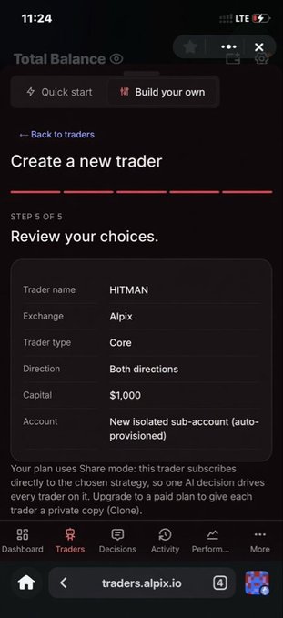 A screenshot of the ALPIX trading platform's "Create a new trader" review screen, showing step 5 of 5 with the trader name "HITMAN" configured on the Alpix exchange with $1,000 capital. The note explains the platform uses "Share mode," where 247+ agents share inter-agent intelligence, contrasting with isolated single-agent tools mentioned in the post.