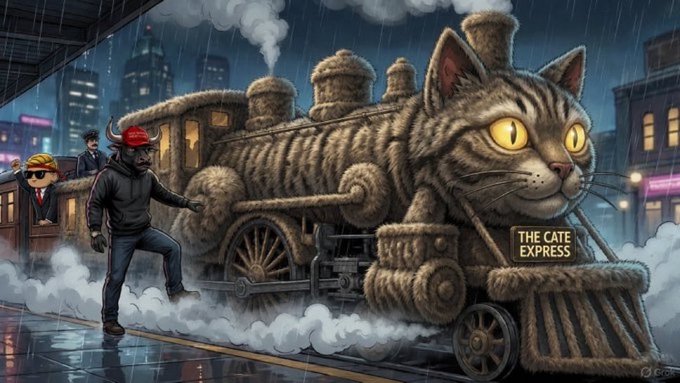 A digital illustration titled 'The Cate Express' depicts a steam locomotive designed in the shape of a large cat with glowing yellow eyes, with a small figure in a red helmet standing beside it in a rainy urban setting.