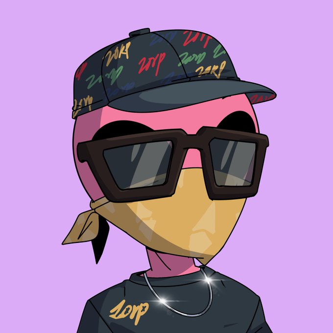 A stylized cartoon character wearing a black cap and t-shirt, both covered in the colorful handwritten "ZORP" logo, sports oversized dark sunglasses and a bandana over its face. The repeating "ZORP" branding ties into a "gm nfts" post, reflecting the casual, hype-driven vibe of NFT community greetings.