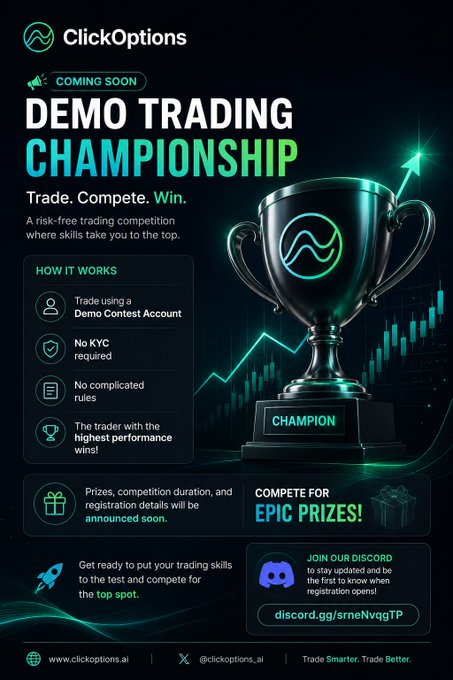 A promotional graphic for ClickOptions' upcoming "Demo Trading Championship" featuring a championship trophy with an upward trending chart, highlighting key details like a risk-free demo contest account, no KYC required, no complicated rules, and the highest-performing trader wins. It directs viewers to join their Discord (discord.gg/srNeNVqTP) for updates, serving as a giveaway announcement to promote the trading competition to ClickOptions' followers.