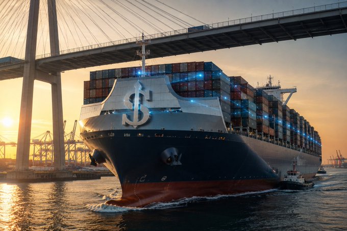 A large container ship with a dollar sign on its hull sails under a bridge at sunset, representing the maritime industry's financial ecosystem.