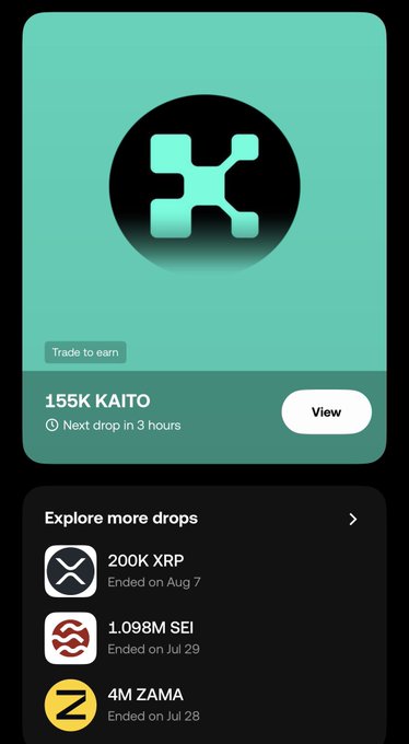 A mobile app screen displaying cryptocurrency airdrops, featuring a prominent '155K KAITO' drop at the top and listing past drops for '200K XRP', '1.098M SEI', and '4M ZAMA' below.