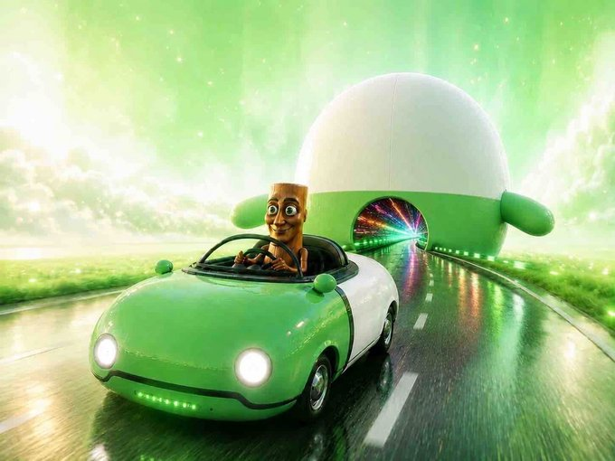 A smiling wooden figure drives a green convertible toward a tunnel of rainbow light emerging from a large green helmet-shaped portal, symbolizing the energetic and bullish momentum of $Cupsey and the @Pumpfun ecosystem. The whimsical, futuristic scene captures the excitement of crypto's memecoin launch culture.