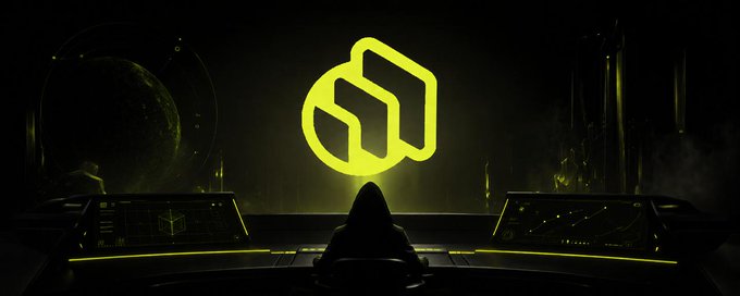 A hooded figure sits in a dark, futuristic control room facing a glowing yellow link/chain logo on a large screen.