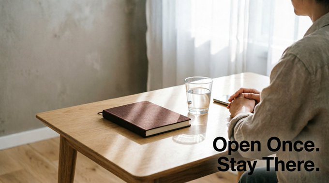 A person sits at a wooden table with a glass of water and a closed brown notebook, accompanied by the overlaid text 'Open Once. Stay There.'